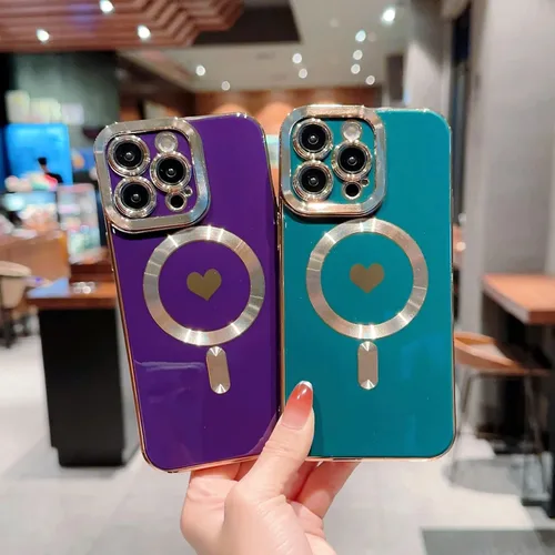 Vista 8 de Magsafe - Funda magnética para iPhone 13 Pro Max, cubierta de lujo chapada en forma de corazón, compatible con Magsafe para mujeres y niñas con Azul