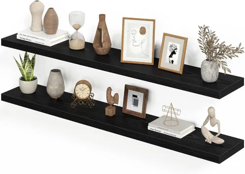 Vista 33 de Heimlove Juego de 2 estantes flotantes de 16 pulgadas para pared, estante negro para baño pequeño, dormitorio, sala de estar, cocina, decoración