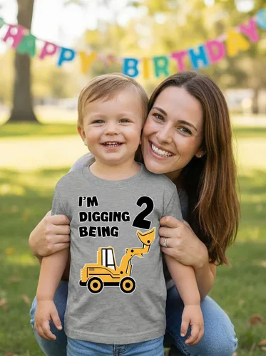 Vista 5 de Tstars Conjunto de construcción de segundo cumpleaños para niños pequeños – Camiseta I'm Digging Being 2 – Bulldozer Digger Truck Tee Manga regular