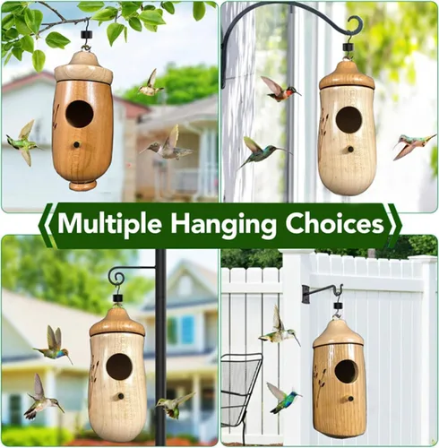 Vista 4 de Casa de colibrí de madera natural, 3 paquetes, casas de colibrí colgantes para exteriores, regalos de jardinería, decoración del hogar