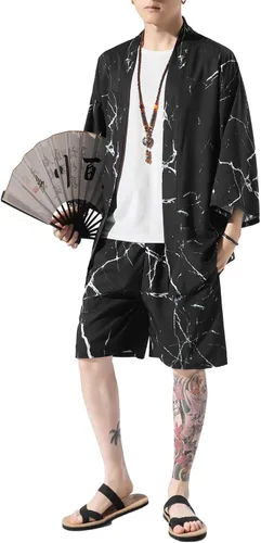 Vista 5 de Ambcol Men's Japanese Style Kimono Tops Shorts Sets Lightweight Casual 34 Sleeve Open Front Cardigan Suits