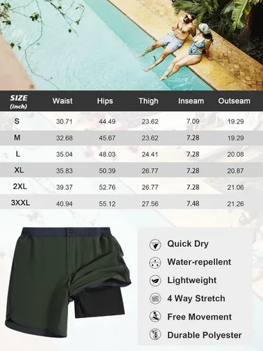 Vista 5 de SILKWORLD Mens 2 in 1 Swim Trunks Quick Dry 7 Inch Beach Shorts with Compression Liner and Pockets