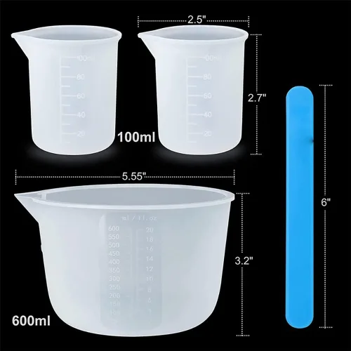 Vista 2 de Kit de herramientas de tazas medidoras de resina de silicona, tazas de medición de 3.3 onzas líquidas, palitos de silicona para agitar, pipetas