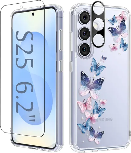 Vista 69 de GVIEWIN Funda protectora para Samsung Galaxy S25, transparente floral, delgada, a prueba de golpes, para mujer, no se pone amarilla, con protector