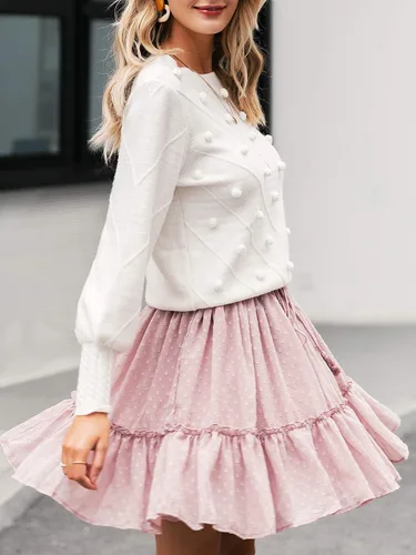 Vista 2 de Miessial Suéter de otoño con cuello redondo para mujer, lindo suéter de punto grueso de manga larga abombada con pompón