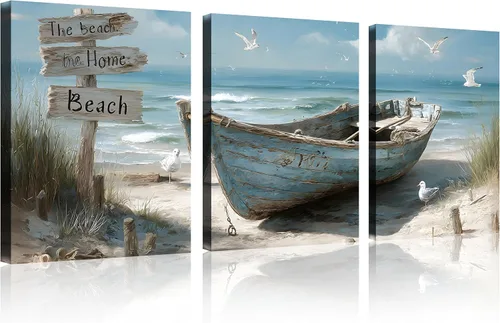 Vista 27 de TutuBeer 3 paneles de fotos de playa, arte de pared, diseño de mar azul, playa blanca al amanecer, imágenes impresas en lienzo, imágenes del océano