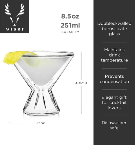 Vista 3 de Viski Vasos de cóctel de doble pared, vasos de Martini aislados con diseño de cristal cortado, aptos para lavavajillas, vidrio de borosilicato