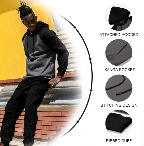 Vista 3 de Sudadera con manga larga estilo raglán en contraste, con forro polar, con capucha y bolsillo tipo canguro, para hombre