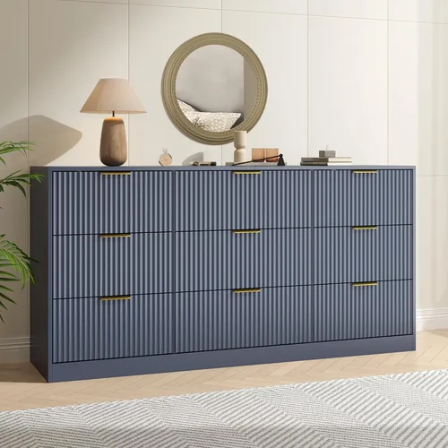 Vista 10 de Cómoda negra con 6 cajones profundos, cómoda acanalada de 55" de ancho para dormitorio con tirador dorado, cómoda moderna para armario, dormitorio
