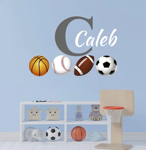 Vista 4 de Calcomanía de pared con nombre personalizado con inicial y pelotas deportivas, decoración artística de pared de fútbol, béisbol, baloncesto, fútbol