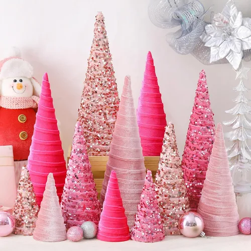 Vista 8 de Ireer 12 piezas Árboles de Navidad de terciopelo varios tamaños cono de terciopelo decoraciones modernas para interiores centro de mesa minimalista