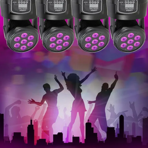 Vista 3 de Lixada Luz de cabeza móvil 7x10W Cabeza móvil 4 en 1 RGBW profesional 9/14 canales DMX-512 DJ luces 100W AC 100-240V sonido activo para KTV Club Bar