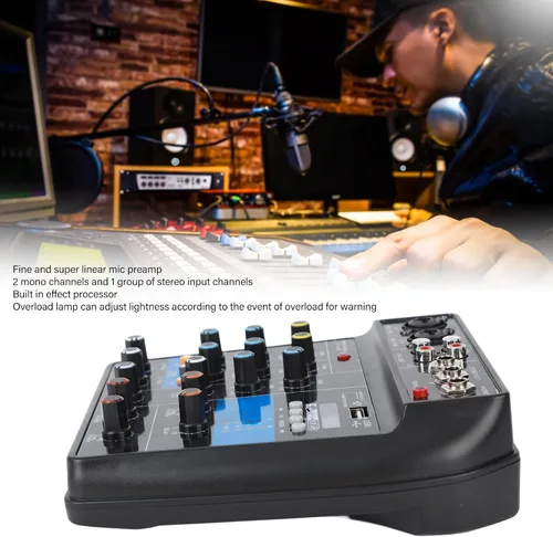 Vista 9 de Alomejor Mezclador de audio Consola mezcladora de DJ de 4 canales profesional con interfaz USB y equipo de escenario de efectos integrados