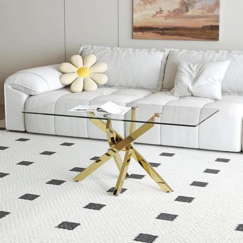 Vista 8 de Mesa de centro de vidrio templado con patas de metal, mesa rectangular moderna para sala de estar en casa, oficina, sala de estar