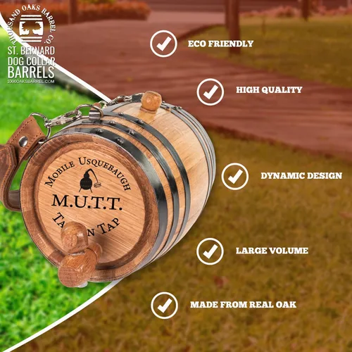 Vista 4 de St Bernard - Collar de barril de whisky para perro, 'M.U.T.T.' - Dispensador de barril de roble de 1/2 litro para perros San Bernardo con correa
