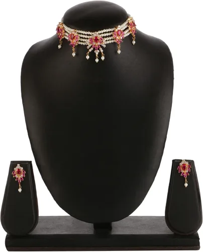 Vista 3 de Efulgenz Gargantilla india de Bollywood con circonita cúbica de rubí sintético y esmeralda, Metal Cristal Diamante de imitación, Circonita cúbica
