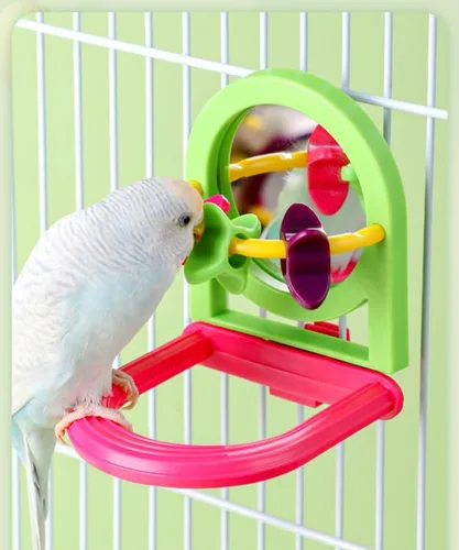 Vista 6 de Perca para pájaros con espejo, bola masticable de loro, juguetes de búsqueda de alimentos, juguete interactivo de inteligencia para pájaros