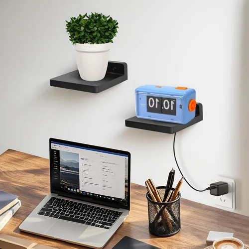 Vista 5 de Pequeño estante flotante para pared, juego de 2 estantes de pared de madera de 5 pulgadas, mini altavoces, monitor de bebé, cámaras, soporte de Negro