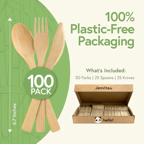 Vista 3 de Juego de cubiertos 100% de bambú - Juego de 100 cubiertos compostables