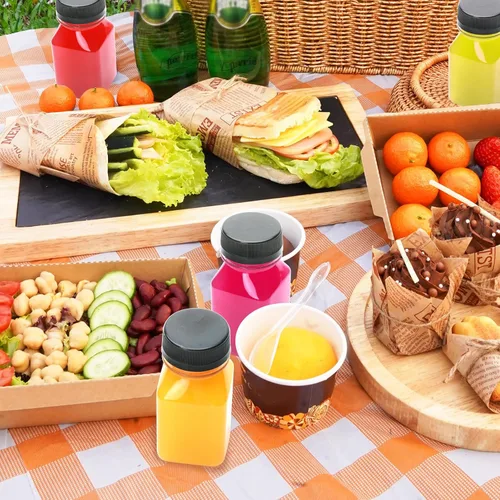 Vista 7 de Flrolove Paquete de 36 botellas de jugo de 4 onzas, botellas de plástico para jugo con tapas, recipientes vacíos transparentes con tapas para jugos