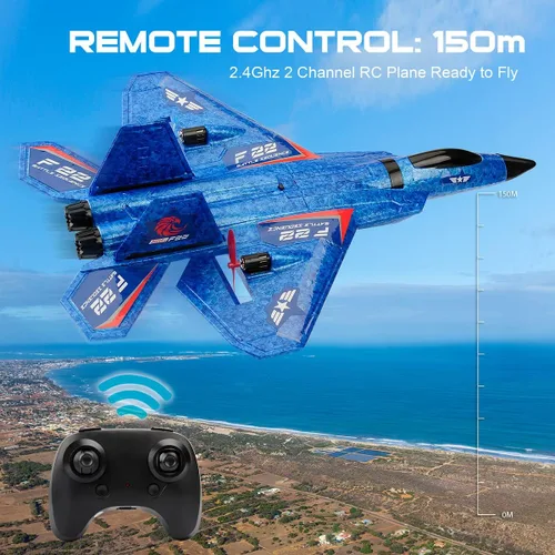 Vista 5 de Avión RC, avión RC F22 listo para volar, avión de control remoto de 2.4 GHz, avión de control remoto de 2 canales, juguete de aviones RC para niños