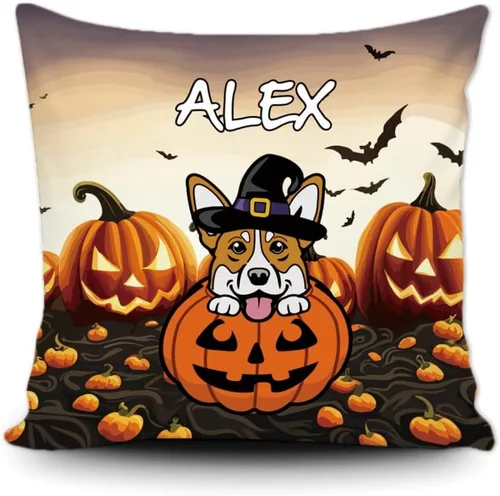 Vista 15 de Funda de almohada personalizada de Halloween, perro labrador con sombrero de bruja, calabaza, Halloween, cachorro, funda de cojín decorativa de lona