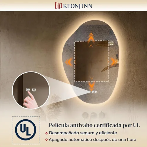 Vista 6 de Keonjinn Espejo de baño retroiluminado asimétrico de 22 x 30 pulgadas con luces, espejo LED irregular con vidrio templado HD, controlador LED