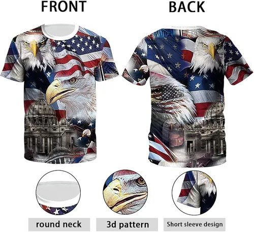 Vista 6 de Camiseta patriótica de manga corta para hombre con la bandera de Estados Unidos de América del 4 de julio, cuello redondo, suave, de verano