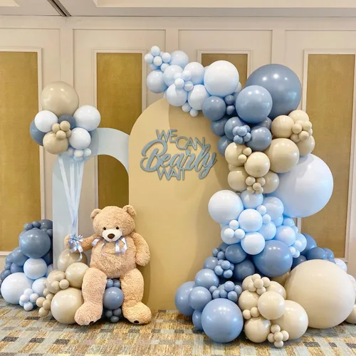 Vista 9 de ECEAE Kit de arco de globos con tema de oso color azul claro, beige, marrón claro y marrón, globos crema, guirnalda de globos para decoración