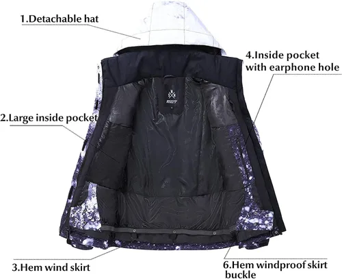 Vista 3 de Chaquetas y pantalones de esquí para mujer, para snowboard, abrigo cálido con capucha, impermeable, resistente al viento, aislado, Nieve