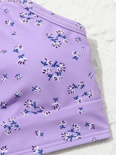 Vista 3 de WDIRARA Traje de baño de bikini de 3 piezas con estampado floral para niña con cordón lateral
