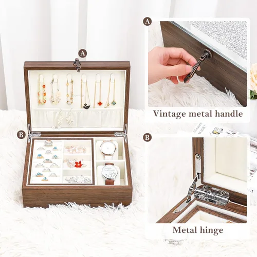 Vista 6 de Homde Caja organizadora de joyas con cubierta de cristal brillante para relojes, collares, aretes, anillos, regalo de lujo para mujeres y niñas