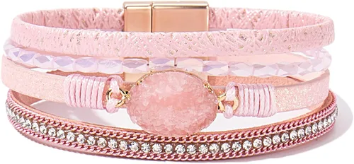 Vista 19 de FANCY SHINY - Pulsera de cuero estilo bohemio, pulsera de cuentas de cristal con cierre magnético, regalos de joyería para mujer