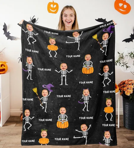 Vista 17 de Manta de Halloween personalizada con nombre, mantas de Halloween personalizadas para niños, Halloween personalizada para niños y niñas, bonita manta