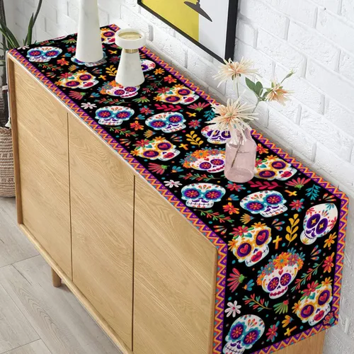 Vista 4 de Pudodo Camino de mesa del Día de los Muertos con calavera de azúcar, Día de los Muertos, festival mexicano, vacaciones, cocina, comedor, decoración