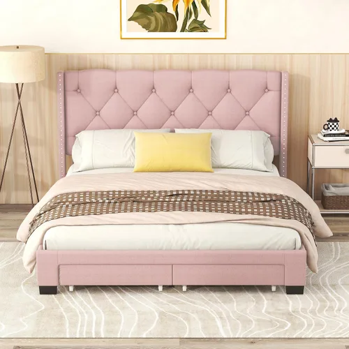 Vista 21 de Cama de plataforma tapizada de tamaño matrimonial con cabecera de terciopelo con patrón de flores, con marco de cama de soporte de listones