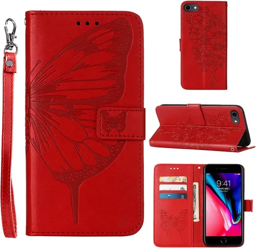 Vista 11 de Funda tipo cartera para iPhone 6/6S/7/8/SE 2022/SE 2020 (negro) Butterfly Floral Embossed Pattern, Wrist Strap, PU Leather, Card Holder Slots