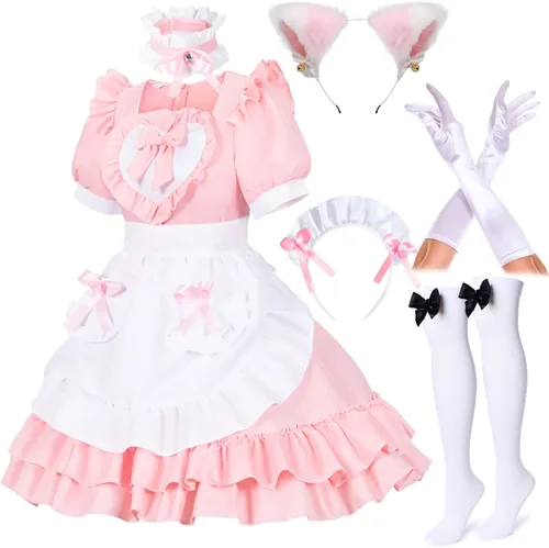 Vista 2 de Elibelle Disfraz de anime japonés clásico Sissy Maid Sweet Kawaii de corazón para cosplay, guantes peludos con orejas de gato