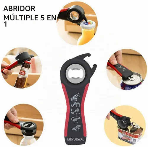 Vista 3 de Abridor de frascos y botellas para manos débiles, kit abridor de latas y botellas multifunción 5 en 1 con mango de silicona, fácil de usar para Rojo