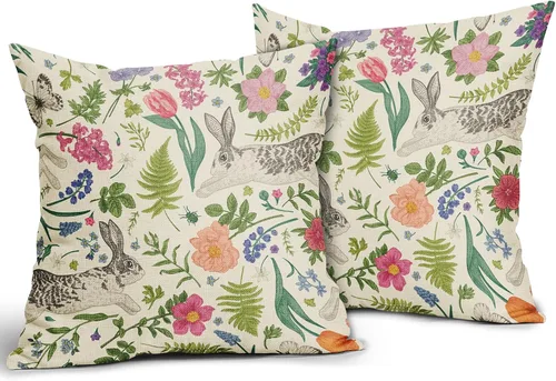 Vista 2 de Juego de 2 fundas de almohada de primavera de 16 x 16 pulgadas, diseño de conejo, flores rosas, hojas verdes salvia, plantas botánicas vintage