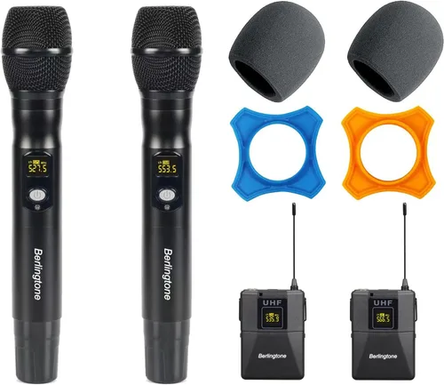 Vista 4 de Sistema de micrófono inalámbrico profesional, juego de micrófono inalámbrico UHF de 4 canales con 2 micrófonos de mano, 2 micrófonos