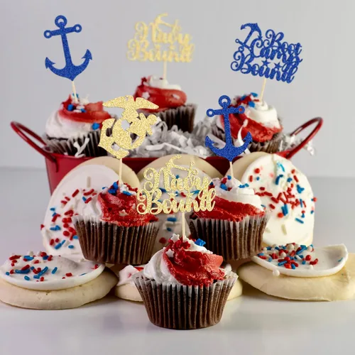 Vista 6 de 24 piezas de decoración para cupcakes con temática militar con purpurina para botas de campamento, decoración de cupcakes con temática azul marino