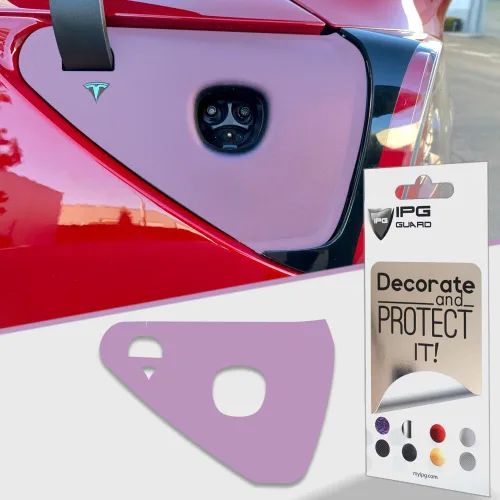 Vista 15 de IPG para Tesla Model 3/Y - Adhesivos de tapa de carga 2021-23 - Juego de pegatinas DIY - Aluminio cepillado oscuro