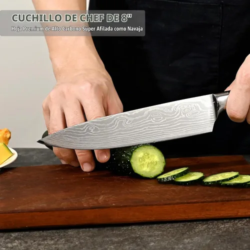 Vista 4 de Juego de cuchillos de chef de cocina profesional, Razor Sharp de acero alemán de alto carbono, 3 piezas, mango ergonómico de madera de Pakkawood