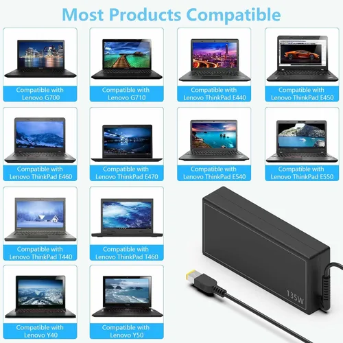 Vista 4 de Adaptador de CA de 135 W, cargador para portátil compatible con Lenovo Thinkpad P1 P71 440P T450P IdeaPad Y40-70 Y50-70 Y50-80 Y520-15 Y700-15ISK