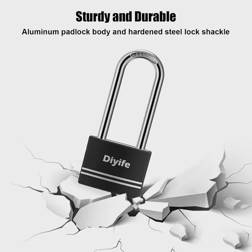 Vista 6 de Diyife [Versión mejorada] Candado de aluminio con llave - Candado de grillete largo impermeable con 2 llaves para escuela, casillero de gimnasio