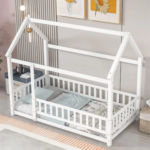 Vista 4 de LLS Base de cama individual con techo, cama Montessori de madera con valla, cama de casa para dormitorio de niños y niñas, blanco, blanco + pino