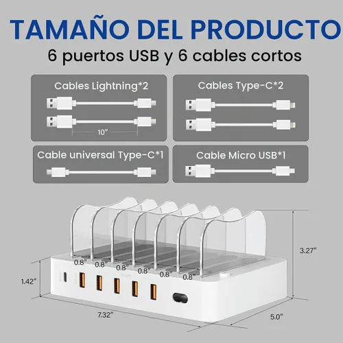 Vista 3 de Estación de carga para múltiples dispositivos, 68 W, 6 puertos, 20 W, cargador rápido de teléfono con 6 cables, compatible con Apple celular, iPad