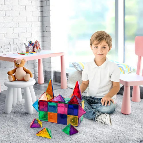 Vista 2 de PicassoTiles Paquete de 60 azulejos magnéticos + estuche de transporte: juego educativo STEAM para niños, incluye organizador de almacenamiento