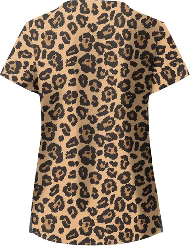 Vista 2 de Camisetas divertidas de trabajo con diseño de calabaza y gato para mujer, blusa de manga con cuello en V, uniforme de trabajo con 2 bolsillos, A11